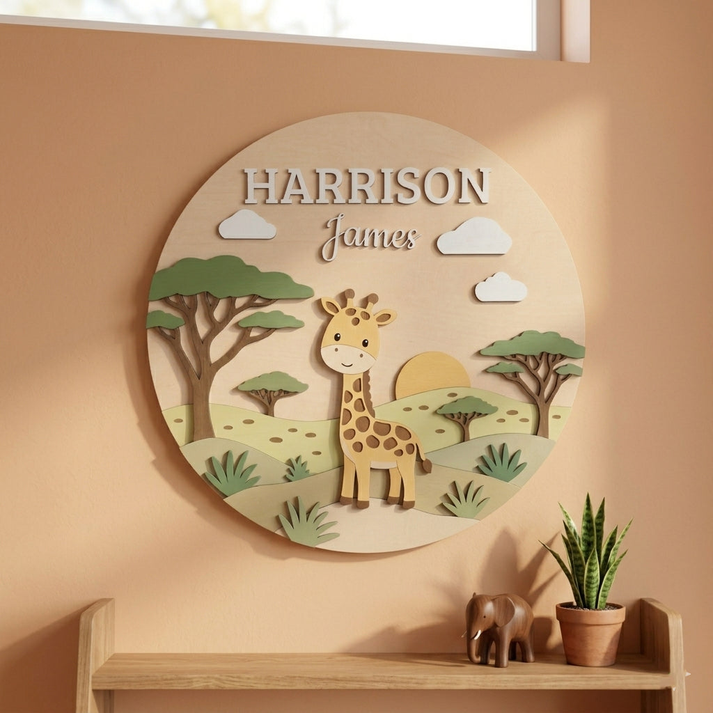 Personalized Giraffe Name Sign, Wooden Safari Nursery Wall Decor, Boho Baby Girl Room Decor, Newborn