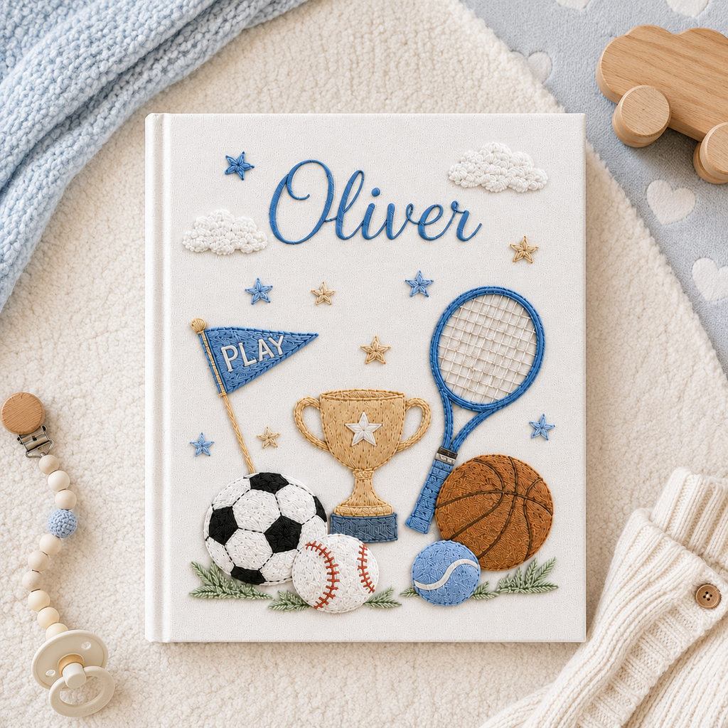 Personalized Sports Baby Photo Album, Custom Hand Embroidered Keepsake Album with Sleeves, Baby Boy Memory Book Gift EPLB14