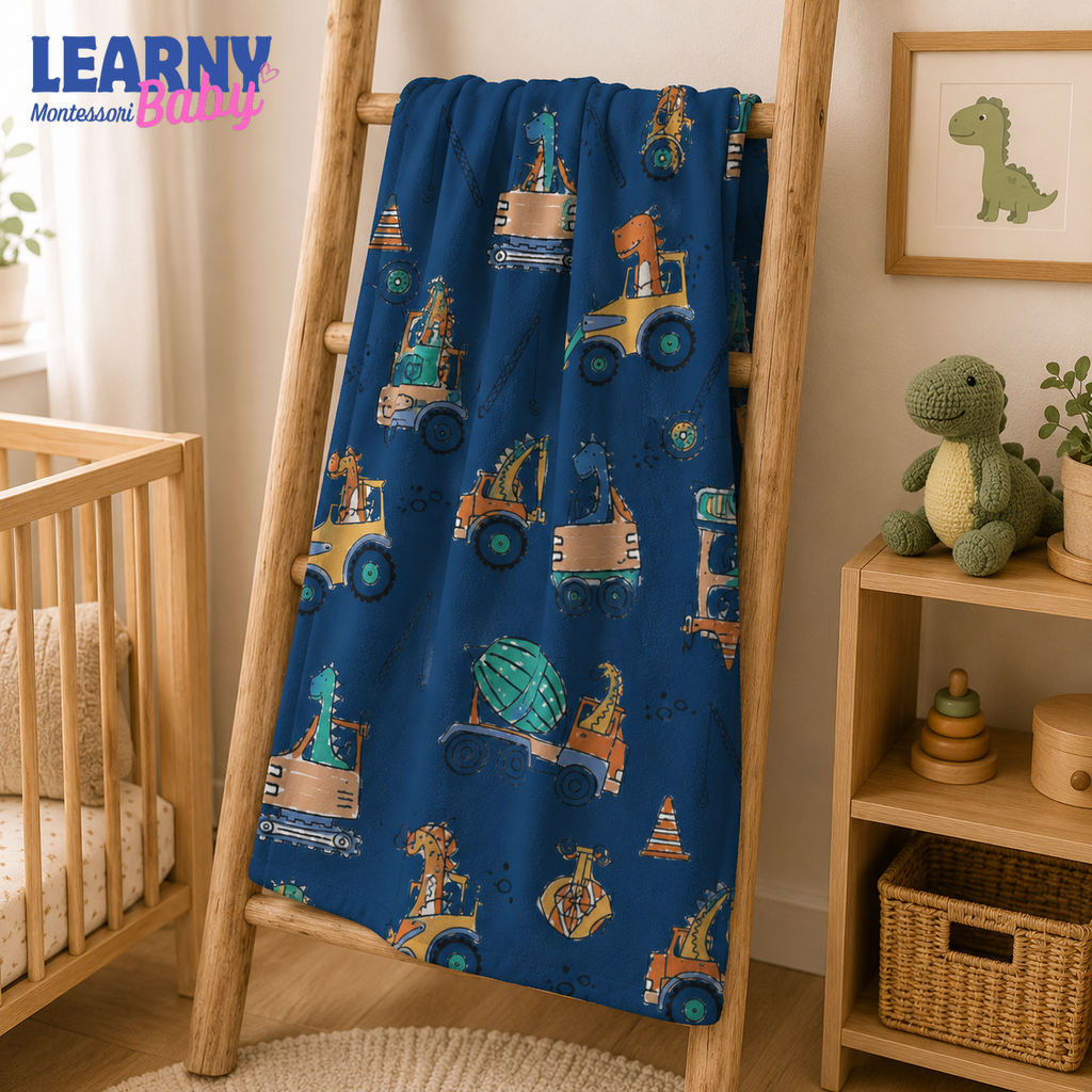 Dinosaur Construction Bamboo Baby Blanket, Excavator and Truck Nursery Blanket, Soft Newborn Receiving Blanket, Baby Boy Gift