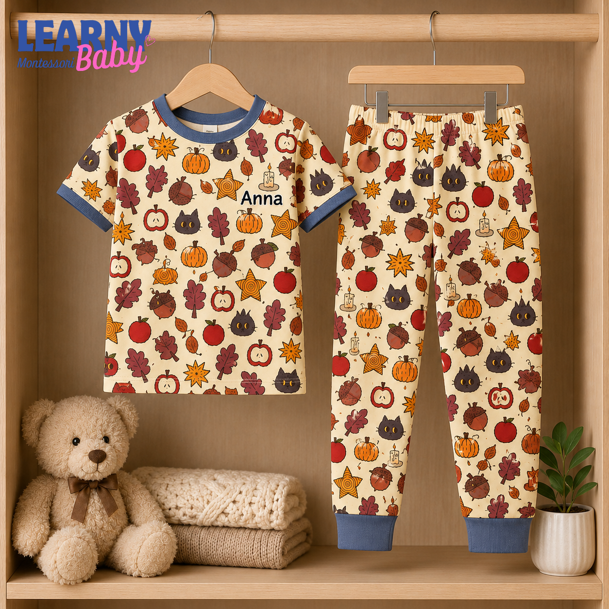 Personalized Fall Bamboo Pajamas for Kids, Custom Name Pumpkin Apple Autumn Leaf and Black Cat Long Pajama Set