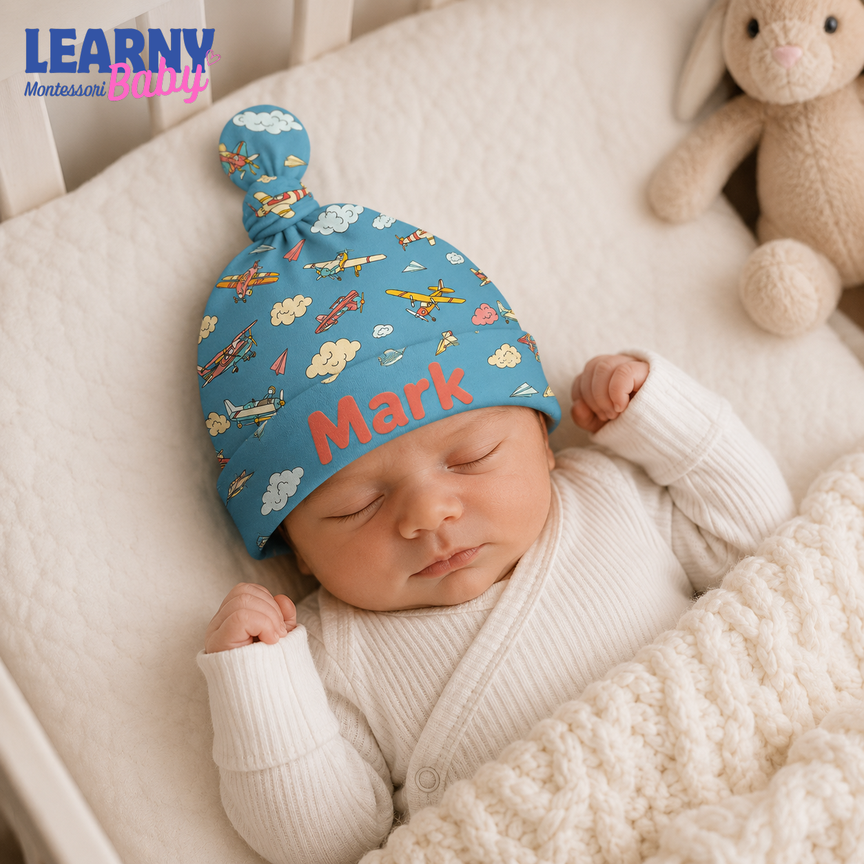 Personalized Airplane Bamboo Baby Knotted Hat, Custom Name Newborn Beanie, Baby Boy Aviation Coming Home Hat