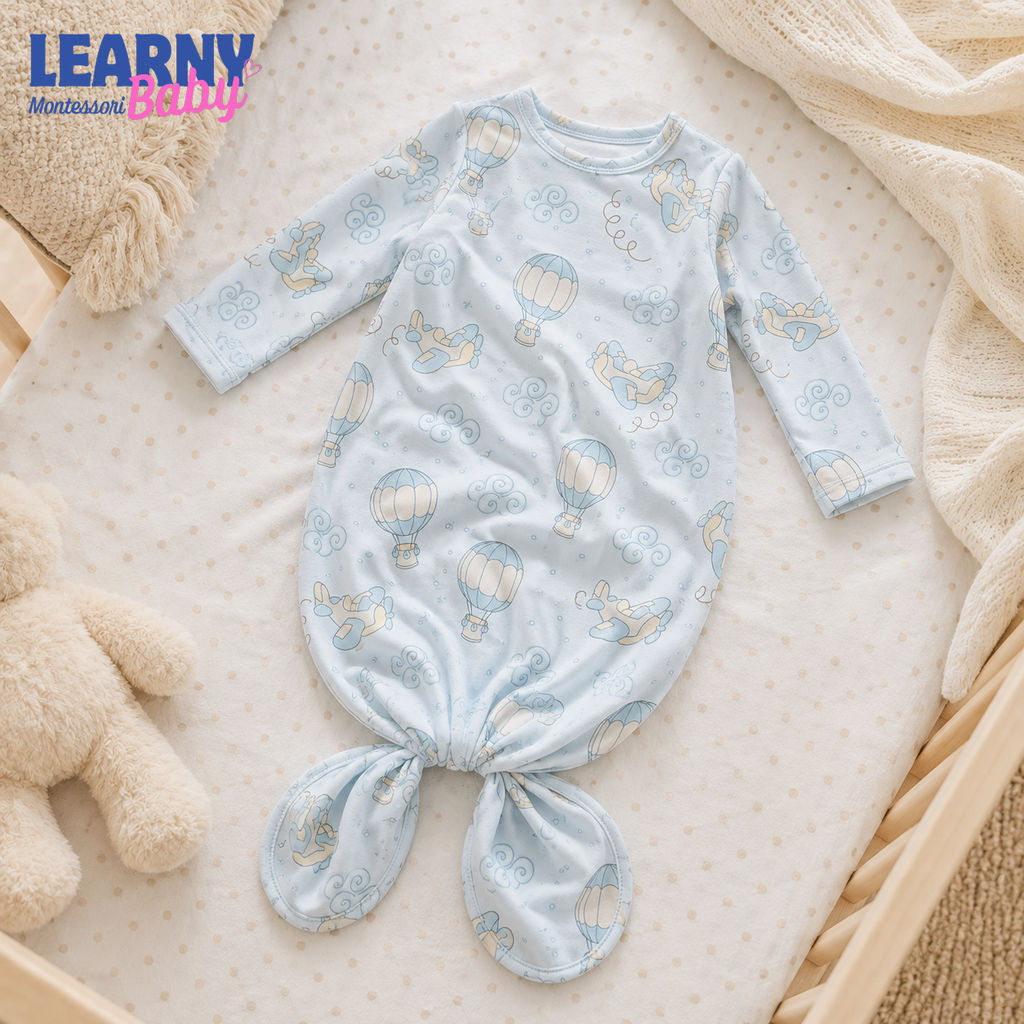 Newborn Baby Knotted Gown, Blue Hot Air Balloon Bamboo Sleeper, Baby Boy Hospital Outfit