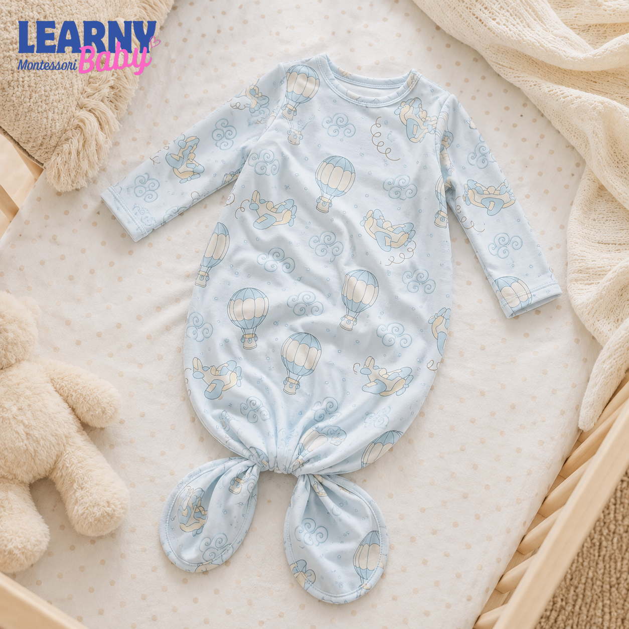 Newborn Baby Knotted Gown, Blue Hot Air Balloon Bamboo Sleeper, Baby Boy Hospital Outfit