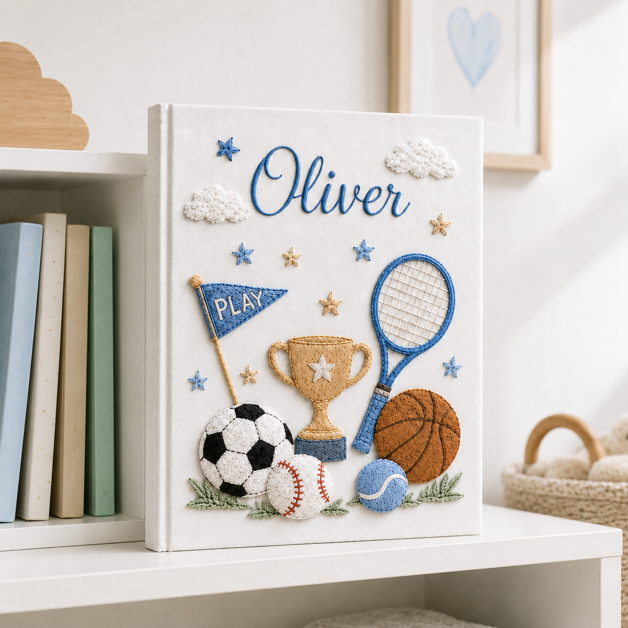 Personalized Sports Baby Photo Album, Custom Hand Embroidered Keepsake Album with Sleeves, Baby Boy Memory Book Gift EPLB14
