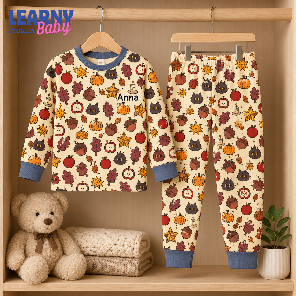 Personalized Fall Bamboo Pajamas for Kids, Custom Name Pumpkin Apple Autumn Leaf and Black Cat Long Pajama Set