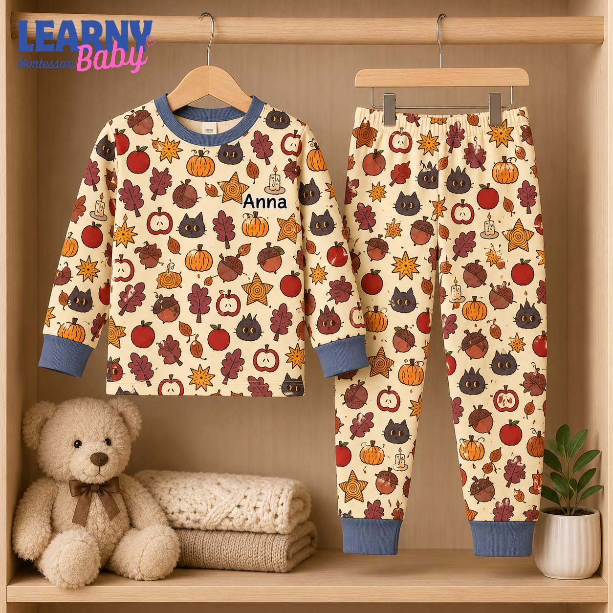 Personalized Fall Bamboo Pajamas for Kids, Custom Name Pumpkin Apple Autumn Leaf and Black Cat Long Pajama Set