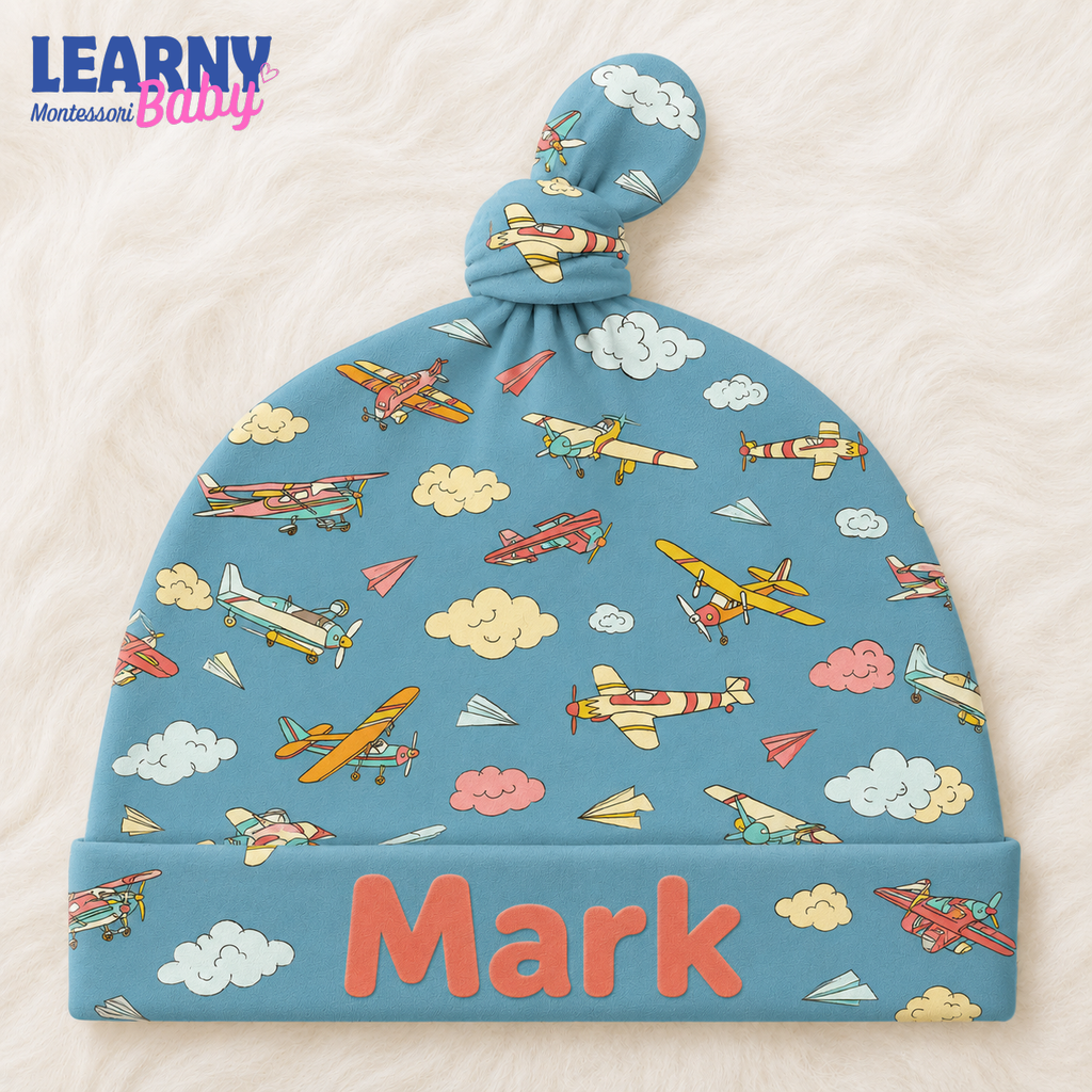 Personalized Airplane Bamboo Baby Knotted Hat, Custom Name Newborn Beanie, Baby Boy Aviation Coming Home Hat