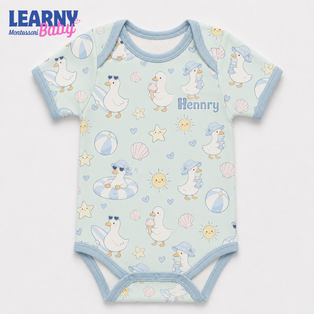 Bamboo Baby Bodysuit, Personalized Beach Duck Baby Onesie, Soft Bamboo Viscose Infant Bodysuit
