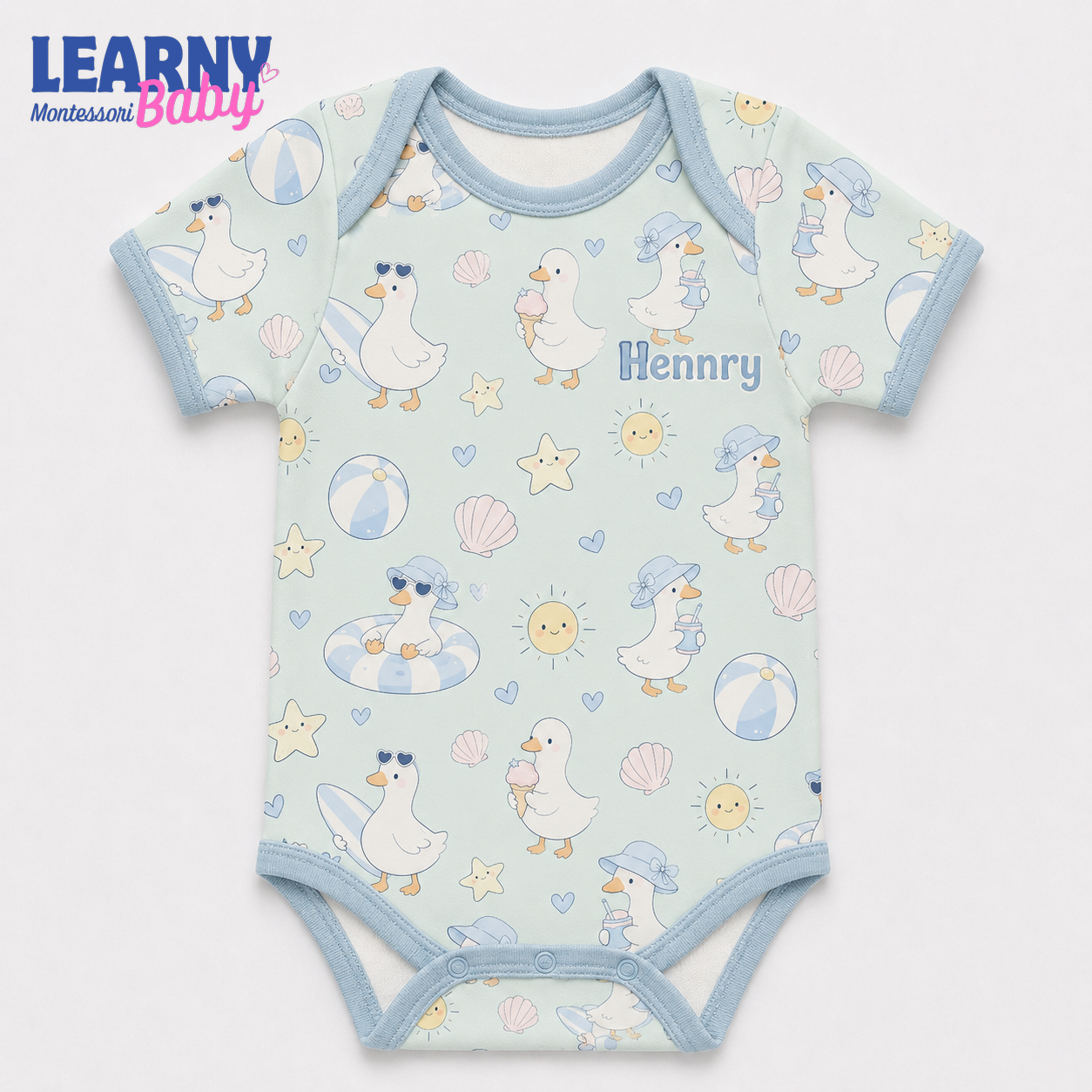Bamboo Baby Bodysuit, Personalized Beach Duck Baby Onesie, Soft Bamboo Viscose Infant Bodysuit