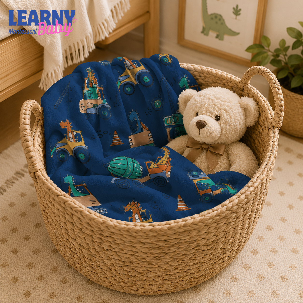 Dinosaur Construction Bamboo Baby Blanket, Excavator and Truck Nursery Blanket, Soft Newborn Receiving Blanket, Baby Boy Gift