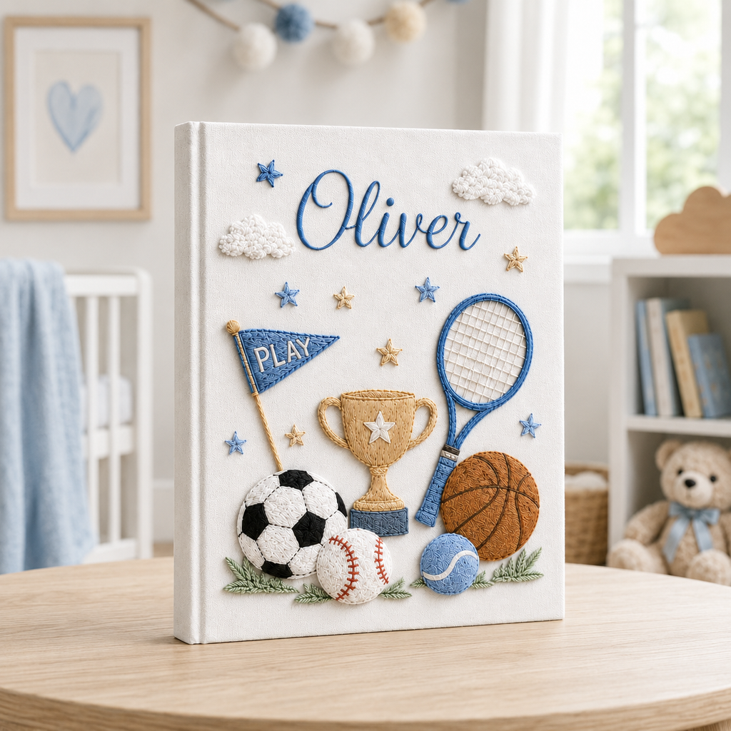 Personalized Sports Baby Photo Album, Custom Hand Embroidered Keepsake Album with Sleeves, Baby Boy Memory Book Gift EPLB14