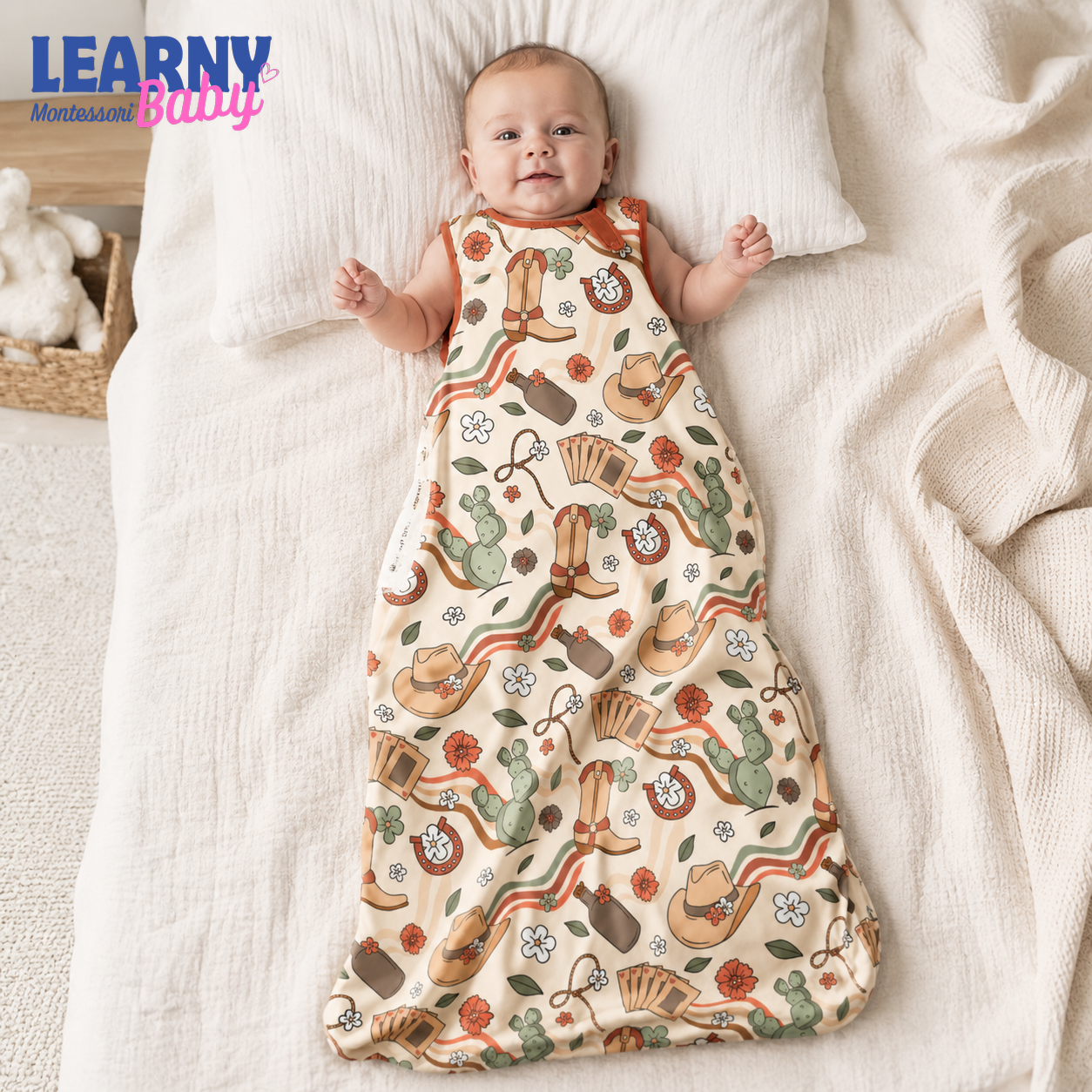 Western Cowboy Bamboo Baby Sleep Sack, Boots Cactus and Horseshoe Wearable Blanket, Baby Shower Gift