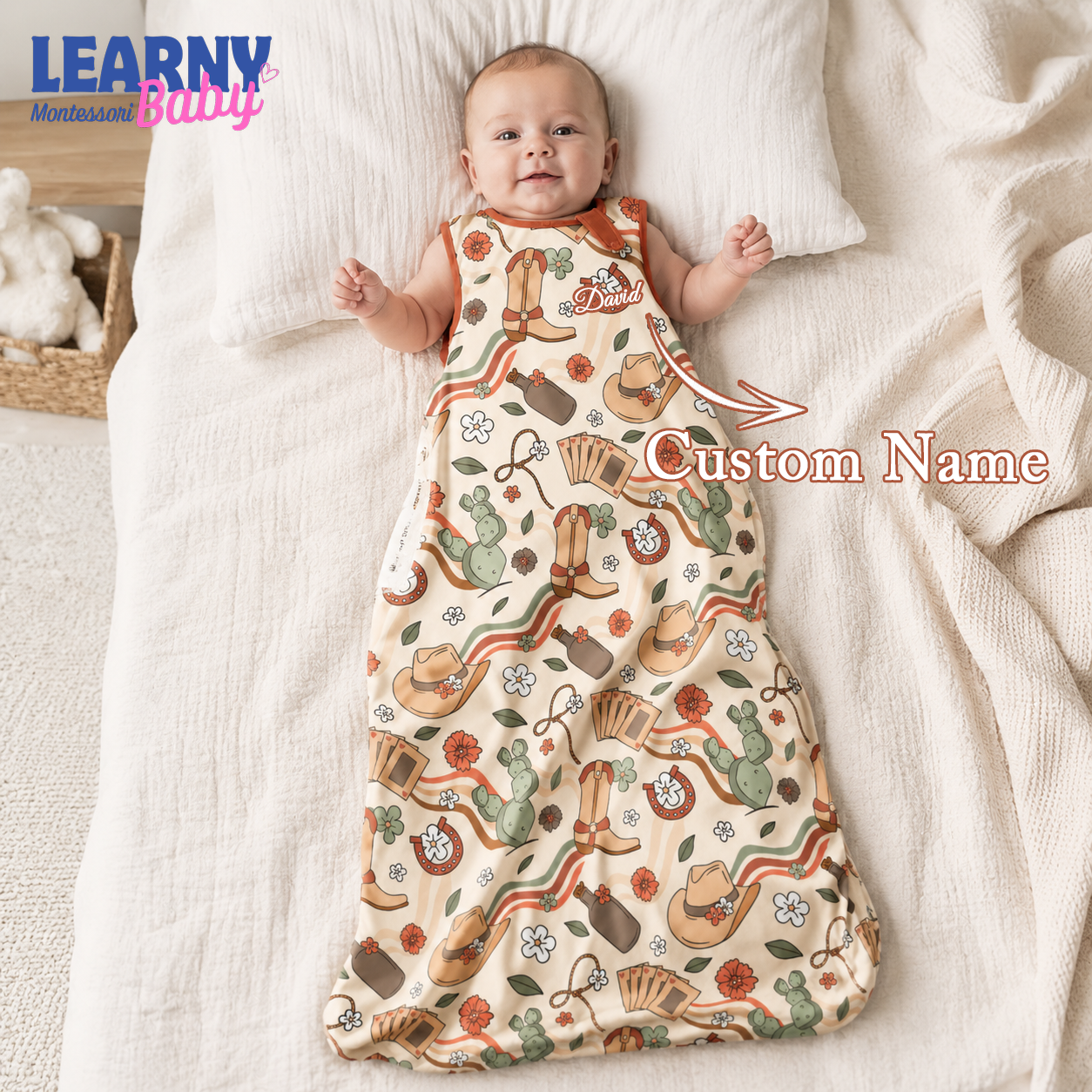Western Cowboy Bamboo Baby Sleep Bag, Boots Cactus & Horseshoe Wearable Blanket, Soft Bamboo Sleep Sack