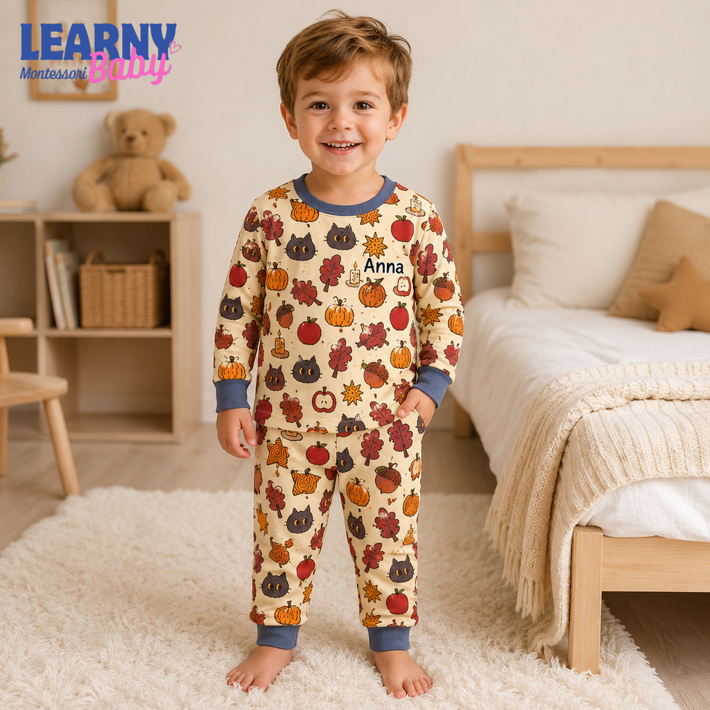 Personalized Fall Bamboo Pajamas for Kids, Custom Name Pumpkin Apple Autumn Leaf and Black Cat Long Pajama Set