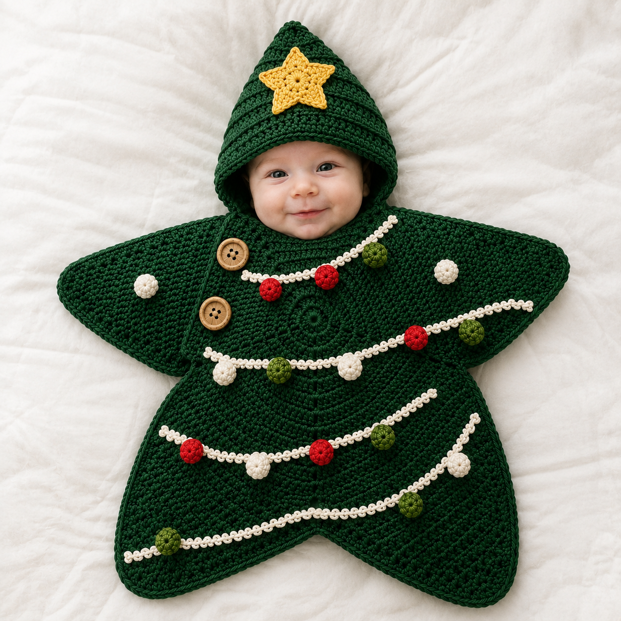 Crochet Christmas Tree Star Baby Cocoon – Handmade Holiday Baby Outfit