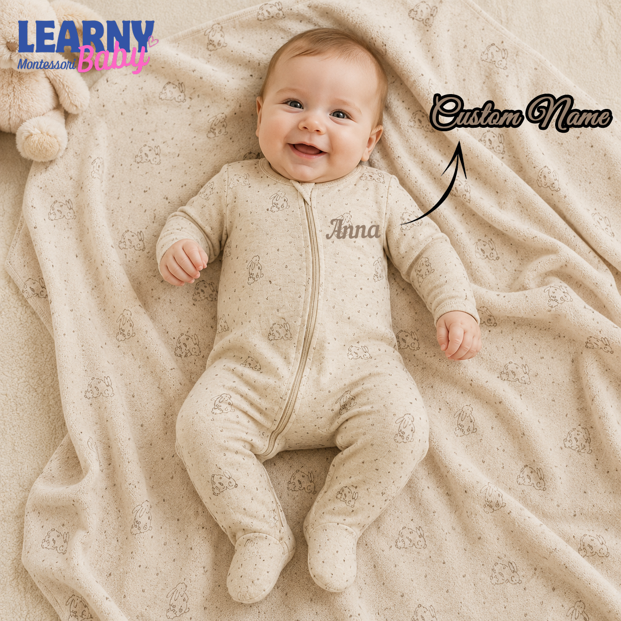 Beige Bunny Bamboo Zippy Footie – Neutral Baby Pajamas