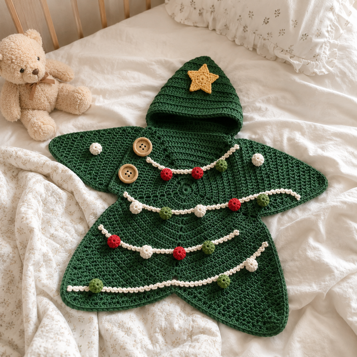 Crochet Christmas Tree Star Baby Cocoon – Handmade Holiday Baby Outfit