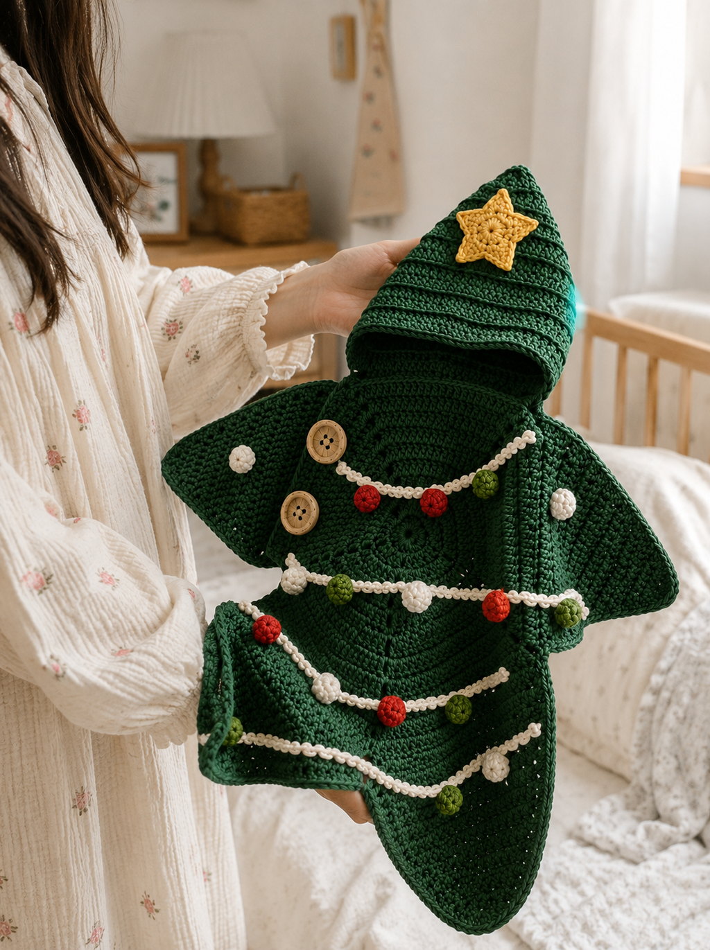 Crochet Christmas Tree Star Baby Cocoon – Handmade Holiday Baby Outfit