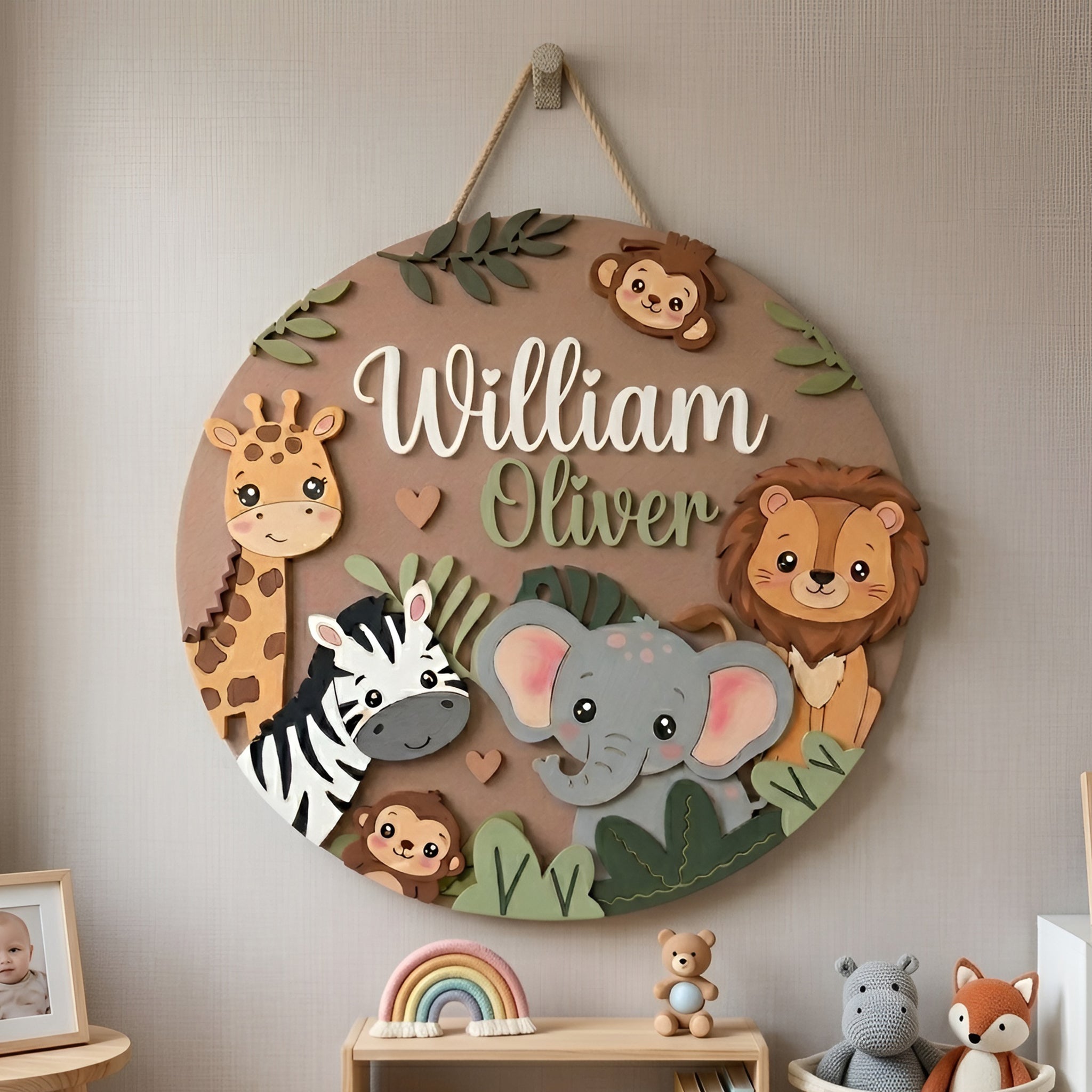 Personalized Wooden Name Sign, Safari Nursery Wall Decor, Jungle Animals, Custom Kids Art