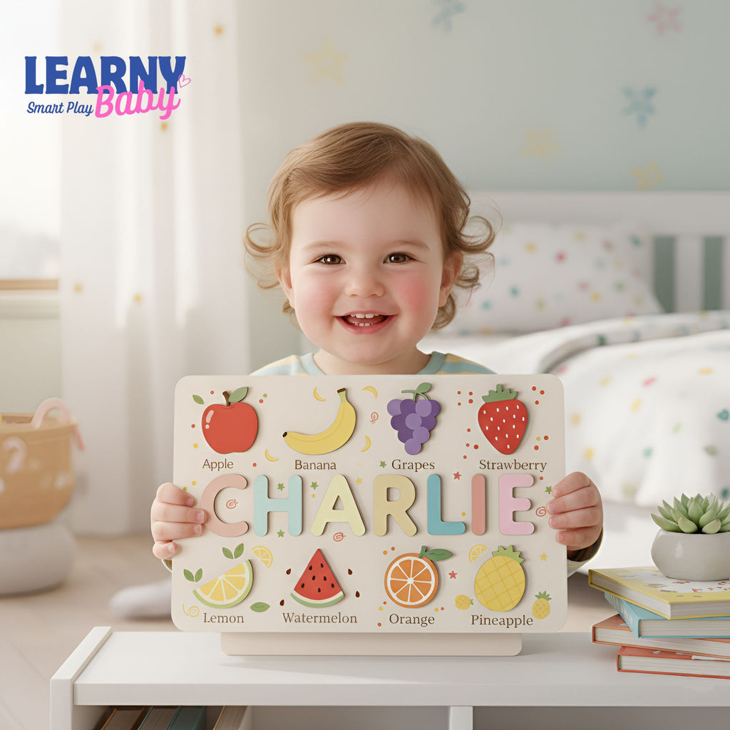 Personalized Wooden Name Puzzle Board – Fruit-Themed Educational Learning Toy for Toddlers, Montessori Name Recognition & Fine Motor Skills Toy BBLB6