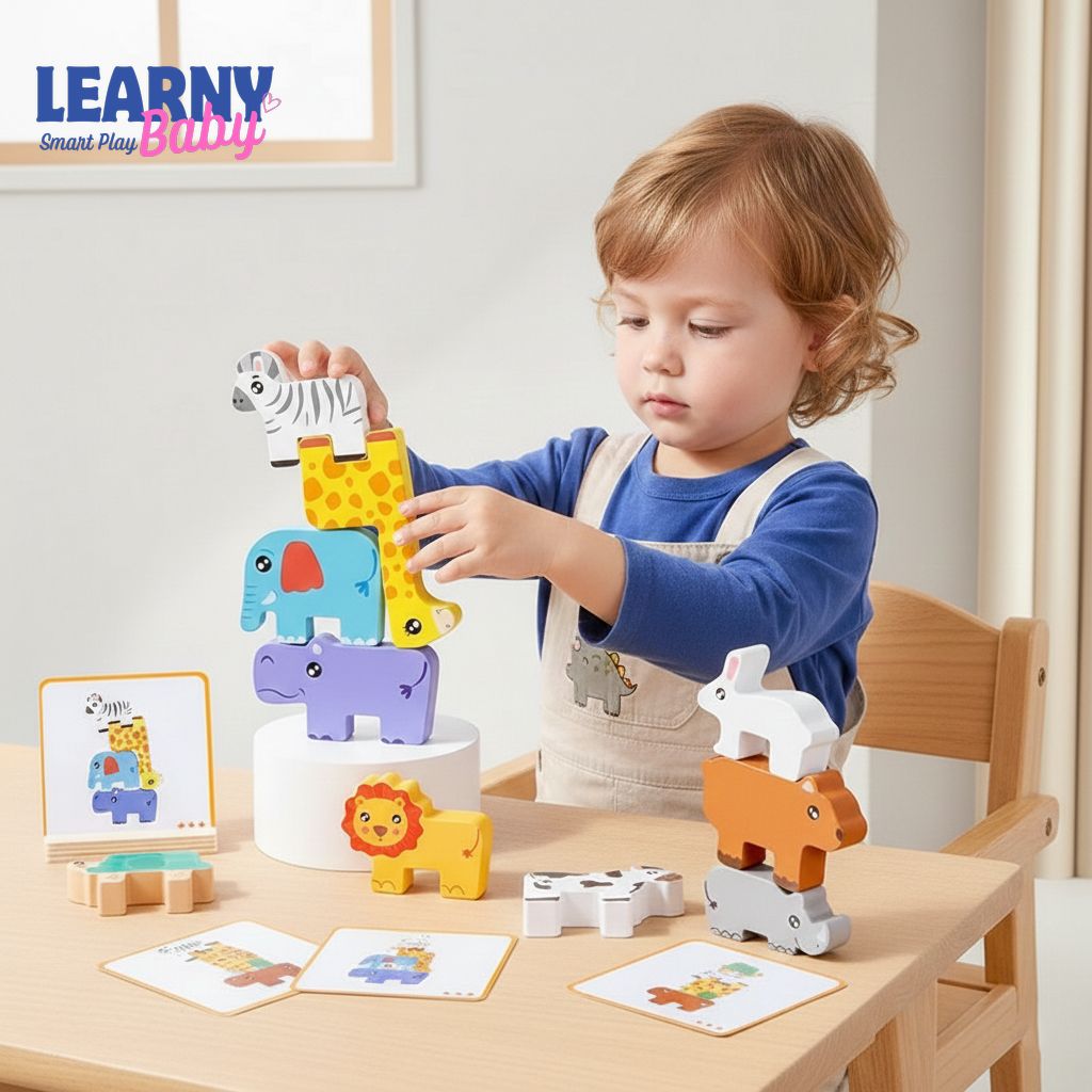 Wooden Animal Stacking Balance Toy, Montessori Shape Matching Puzzle, Fine Motor & Logic Skills, Ages 2–5