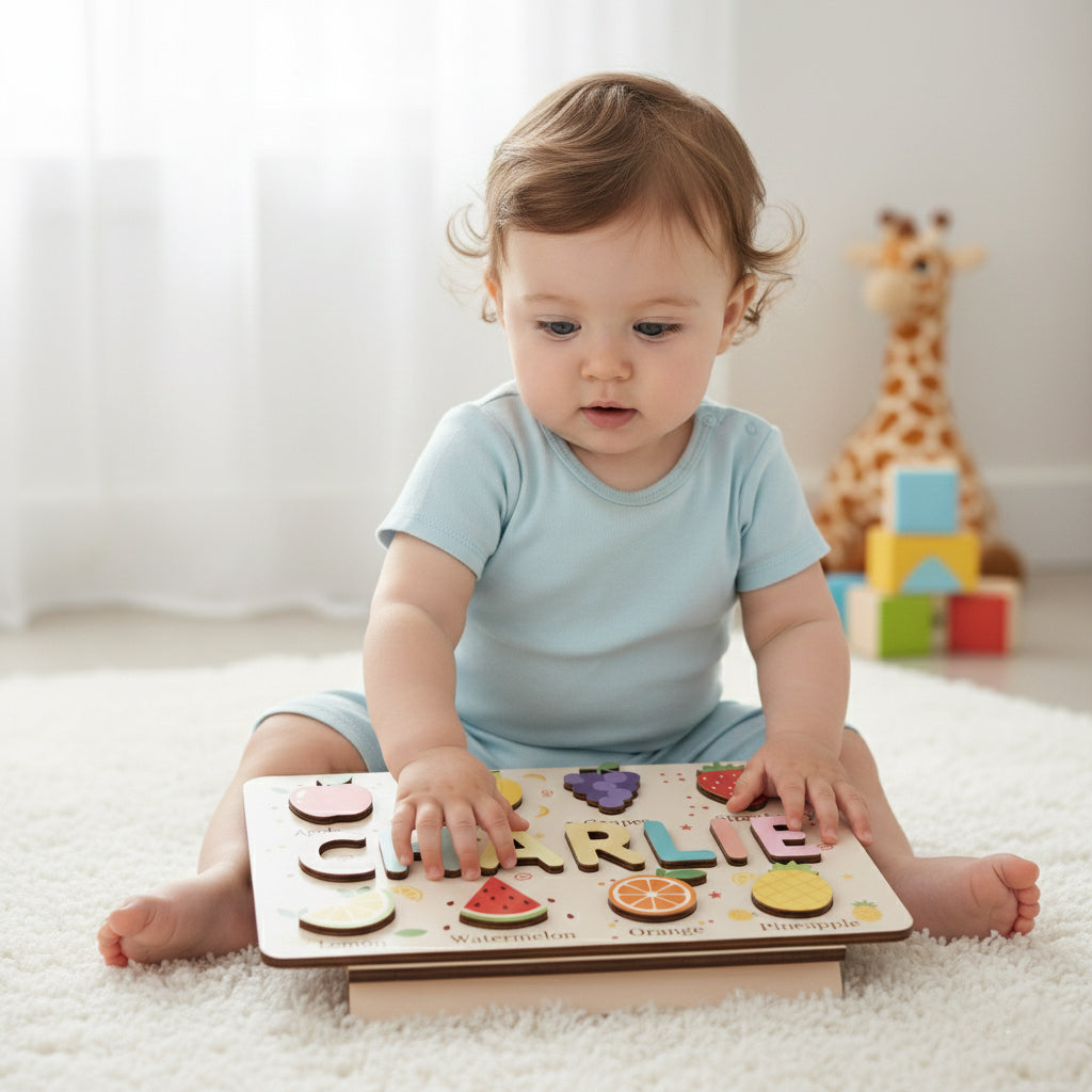 Personalized Wooden Name Puzzle Board – Fruit-Themed Educational Learning Toy for Toddlers, Montessori Name Recognition & Fine Motor Skills Toy BBLB6