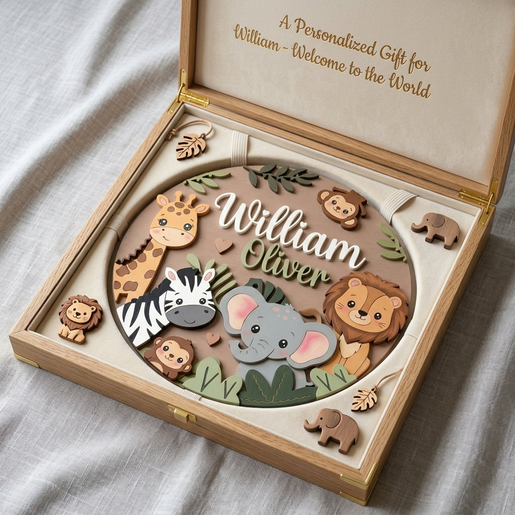 Personalized Wooden Name Sign, Safari Nursery Wall Decor, Jungle Animals, Custom Kids Art