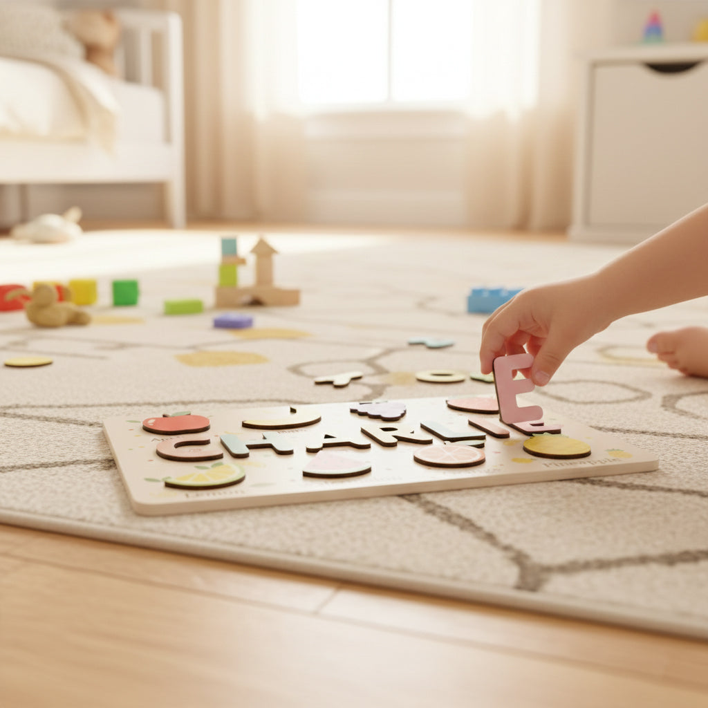 Personalized Wooden Name Puzzle Board – Fruit-Themed Educational Learning Toy for Toddlers, Montessori Name Recognition & Fine Motor Skills Toy BBLB6