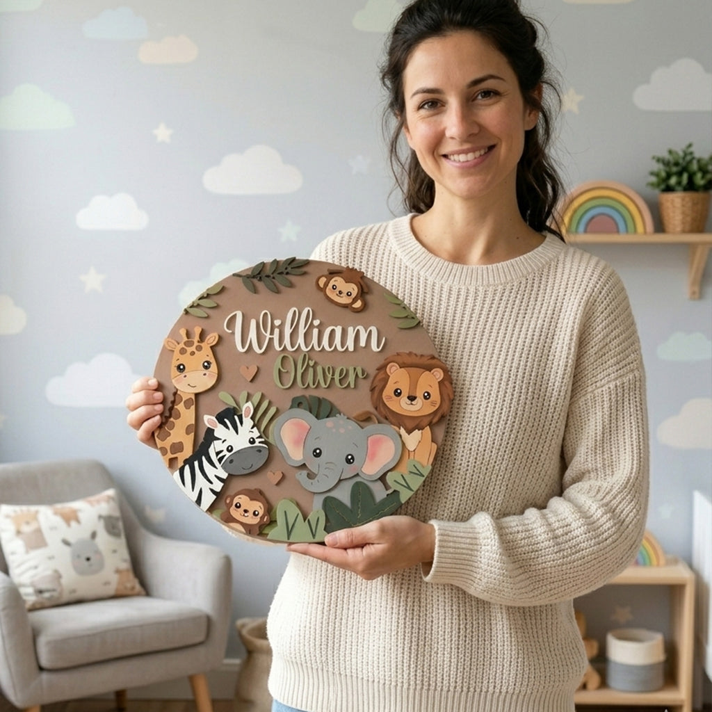 Personalized Wooden Name Sign, Safari Nursery Wall Decor, Jungle Animals, Custom Kids Art