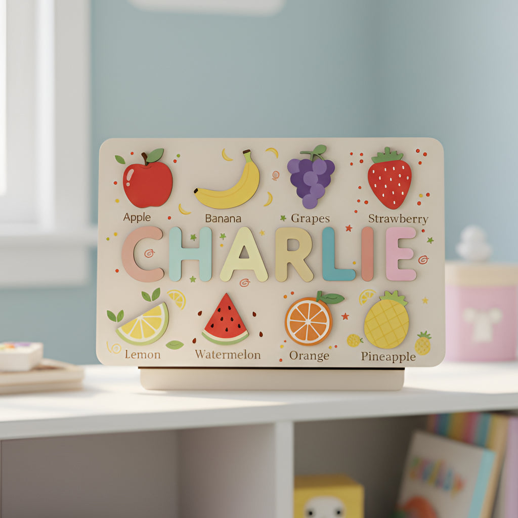 Personalized Wooden Name Puzzle Board – Fruit-Themed Educational Learning Toy for Toddlers, Montessori Name Recognition & Fine Motor Skills Toy BBLB6