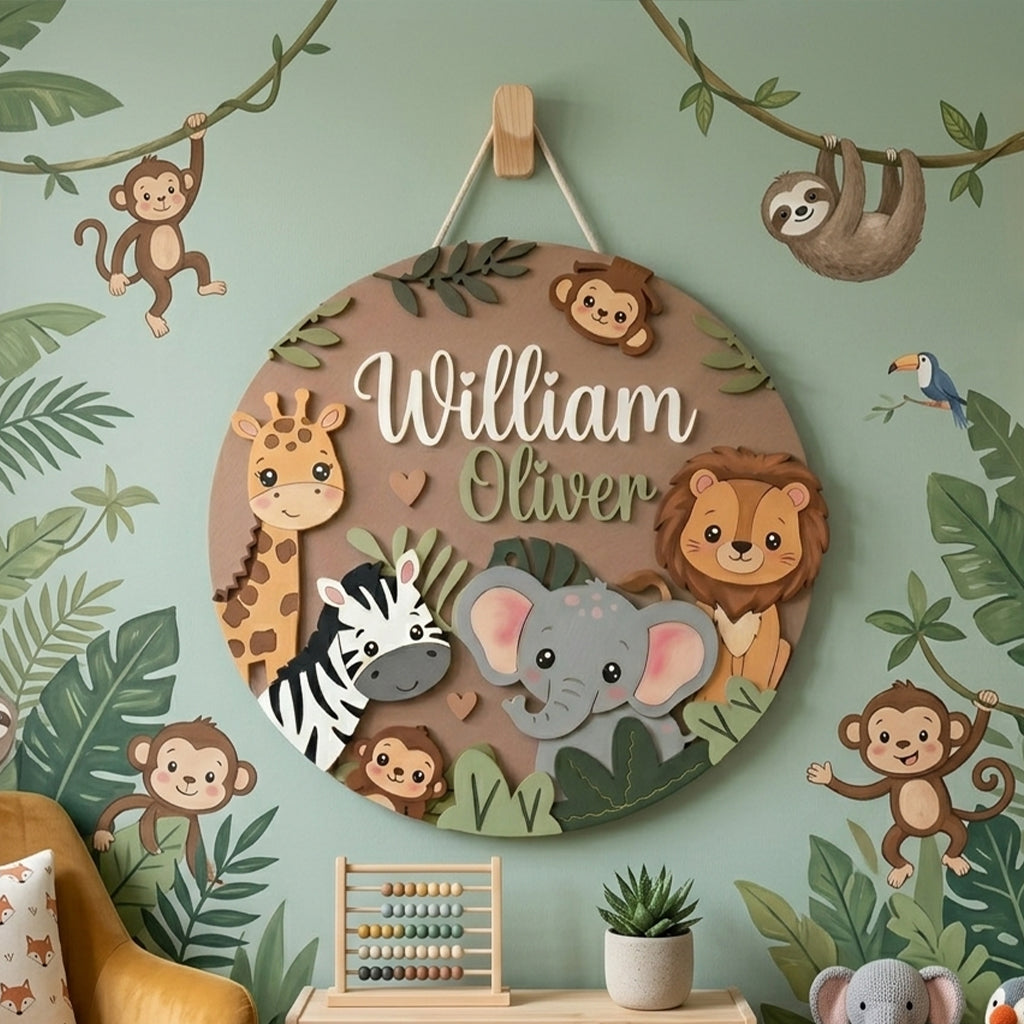 Personalized Wooden Name Sign, Safari Nursery Wall Decor, Jungle Animals, Custom Kids Art