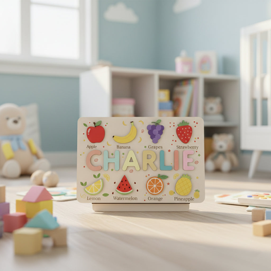 Personalized Wooden Name Puzzle Board – Fruit-Themed Educational Learning Toy for Toddlers, Montessori Name Recognition & Fine Motor Skills Toy BBLB6