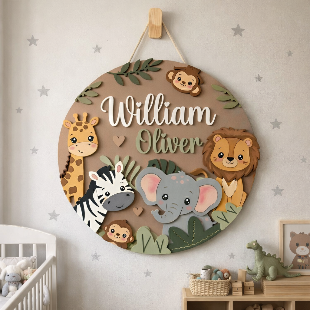Personalized Wooden Name Sign, Safari Nursery Wall Decor, Jungle Animals, Custom Kids Art
