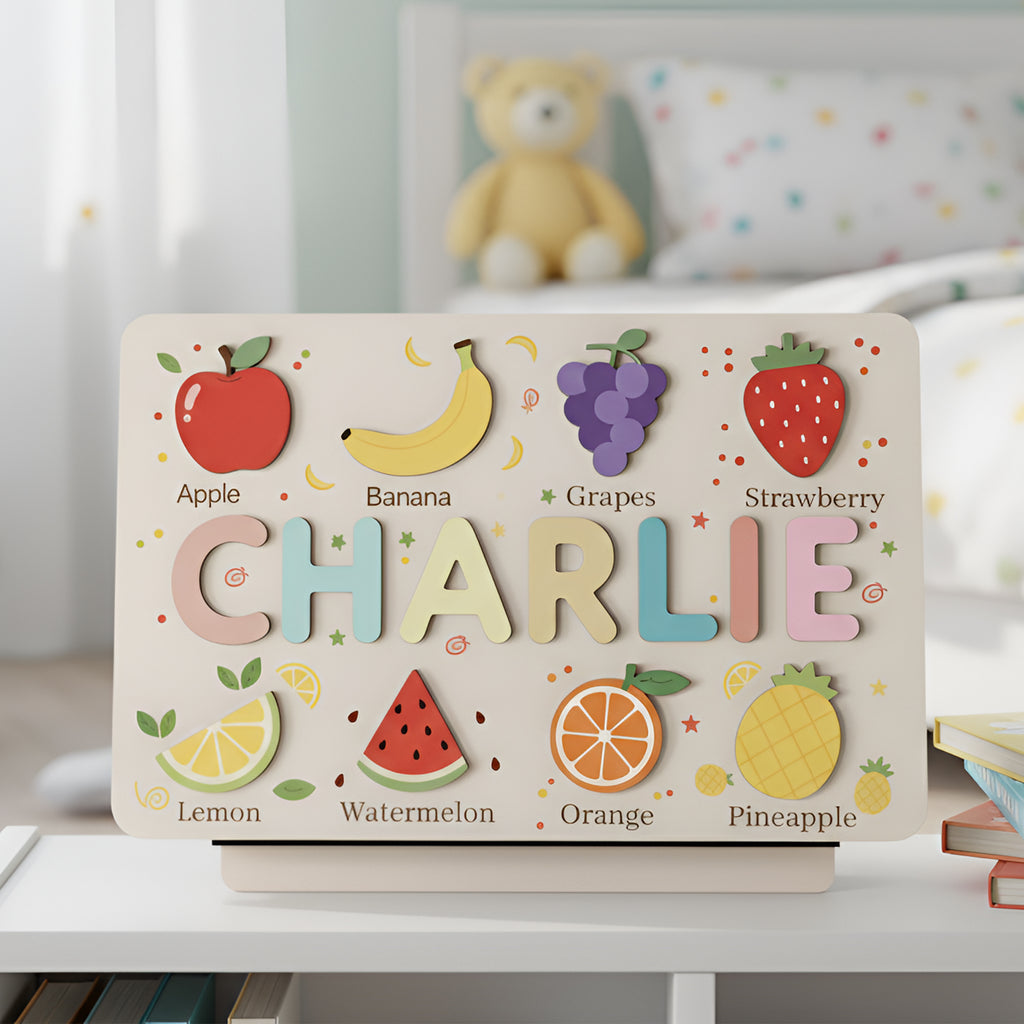 Personalized Wooden Name Puzzle Board – Fruit-Themed Educational Learning Toy for Toddlers, Montessori Name Recognition & Fine Motor Skills Toy BBLB6