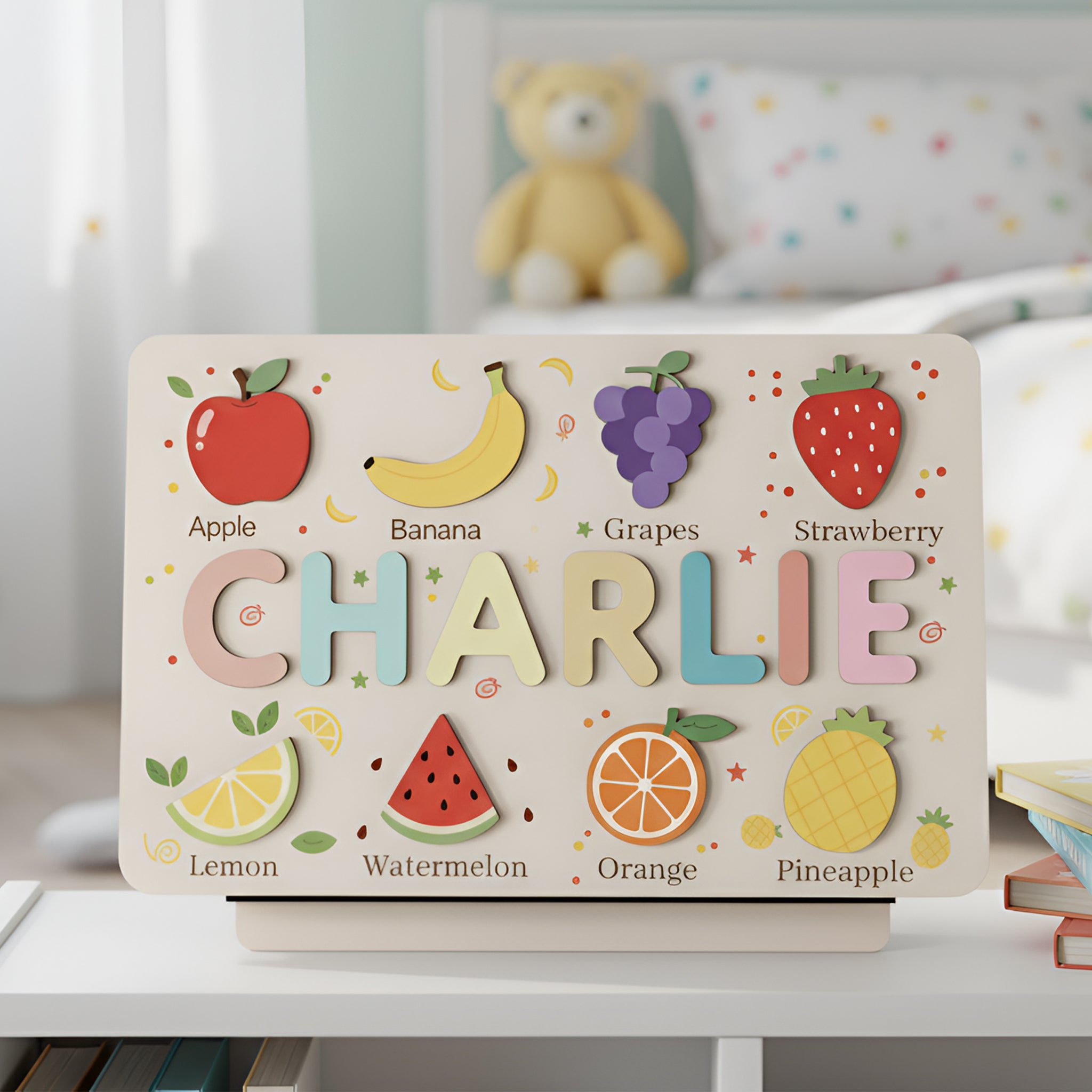 Personalized Wooden Name Puzzle Board – Fruit-Themed Educational Learning Toy for Toddlers, Montessori Name Recognition & Fine Motor Skills Toy BBLB6