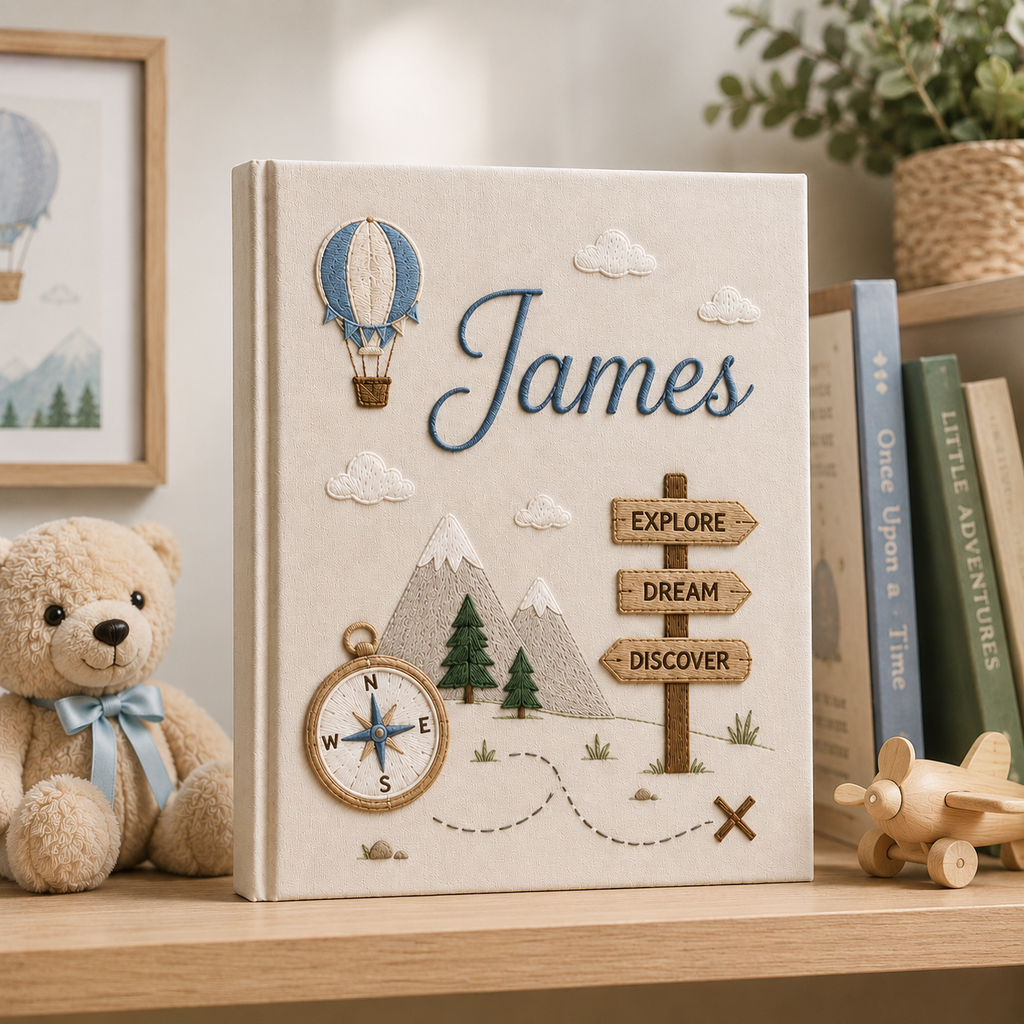 Custom Adventure Baby Photo Album, Personalized Hand Embroidered Keepsake Album with Sleeves, Travel Nursery Memory Book Gift EPLB15