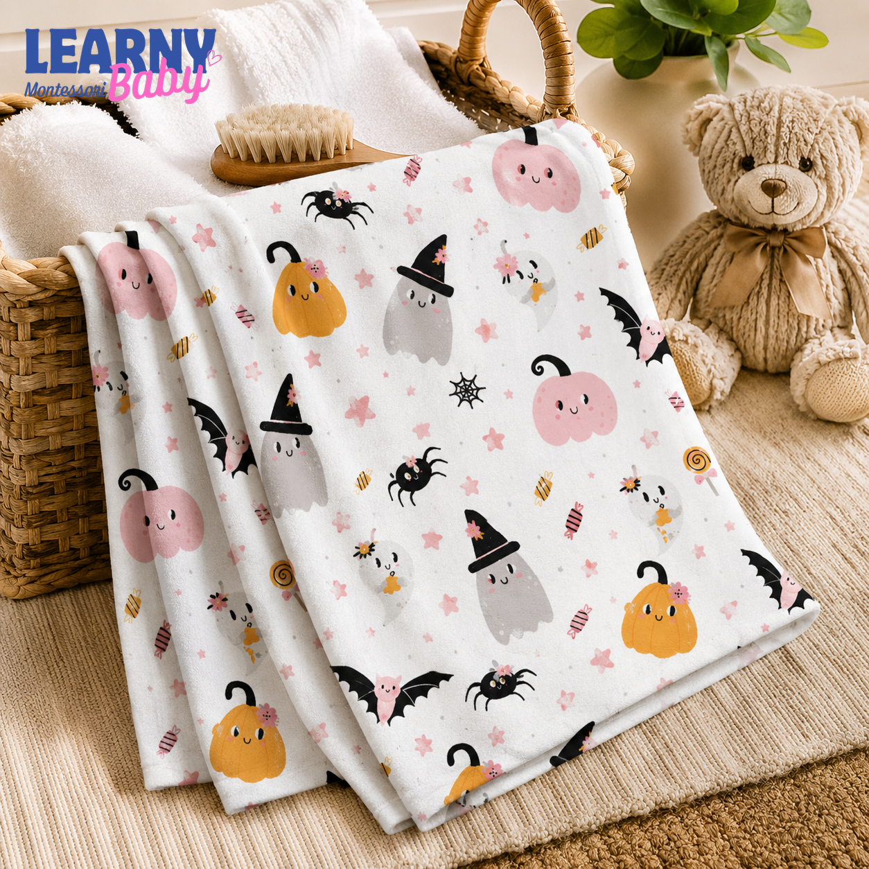 Cute Pink Halloween Bamboo Baby Blanket, Ghost Pumpkin Bat Nursery Throw, Soft Spooky Season Blanket for Kids