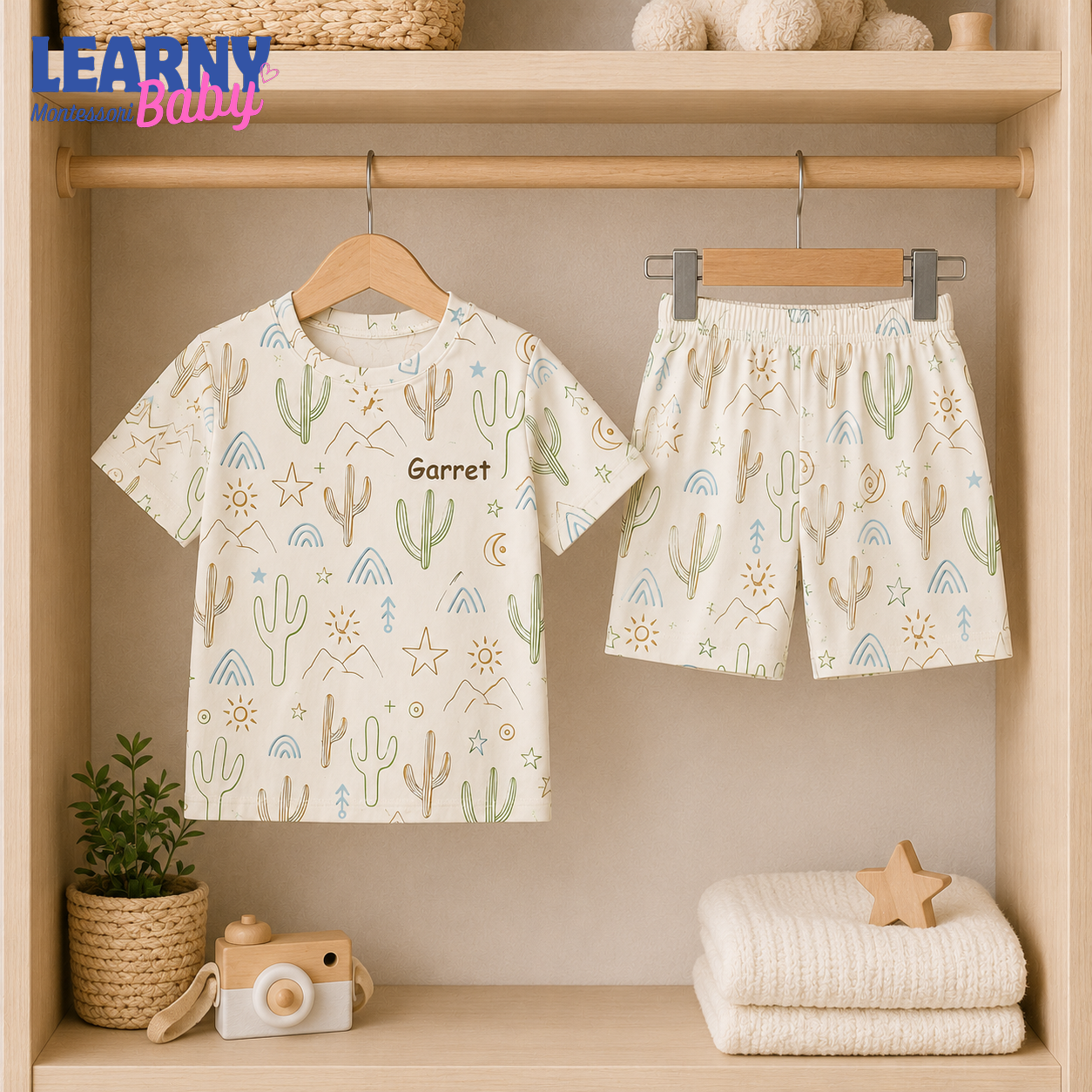 Personalized Cactus Bamboo Pajamas for Kids, Custom Name Southwestern Desert Short Sleeve and Long Pants Set