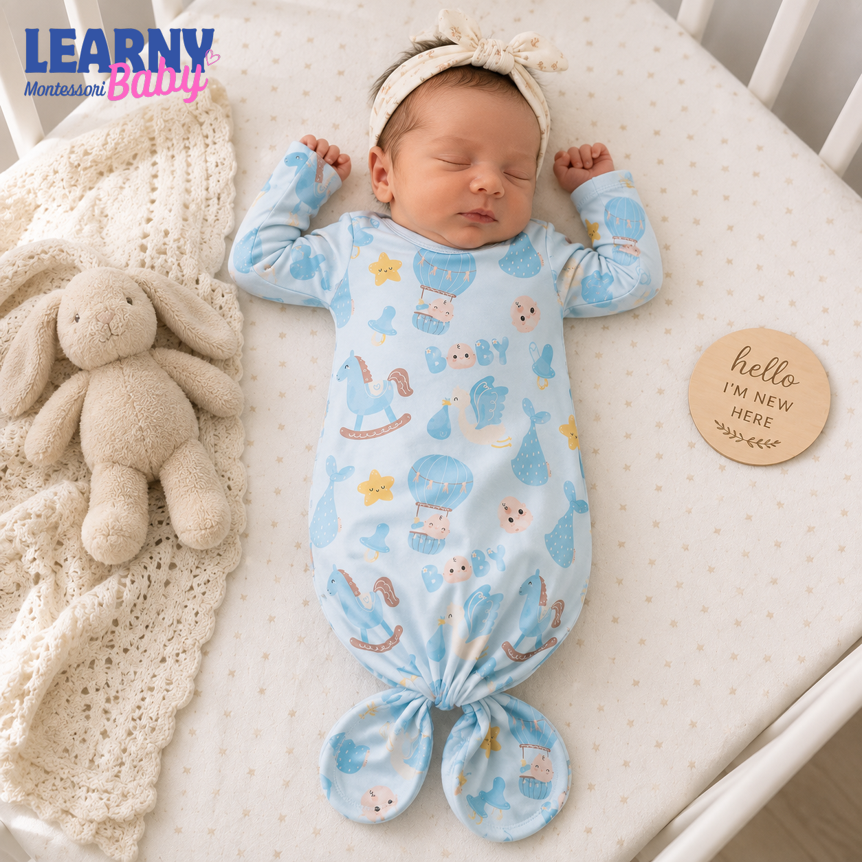Newborn Baby Knotted Gown, Blue Nursery Toys Bamboo Sleeper, Baby Boy Coming Home Outfit