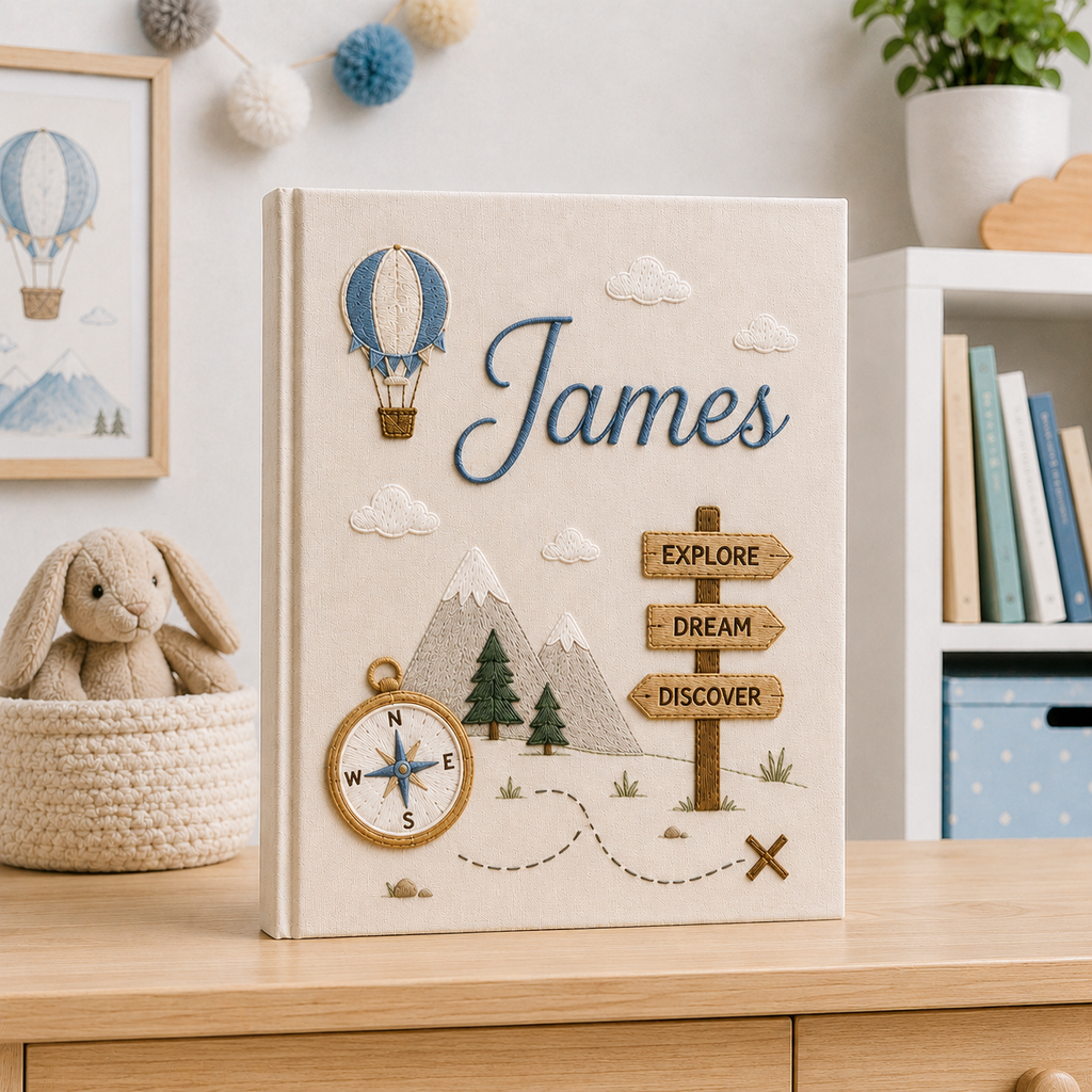 Custom Adventure Baby Photo Album, Personalized Hand Embroidered Keepsake Album with Sleeves, Travel Nursery Memory Book Gift EPLB15