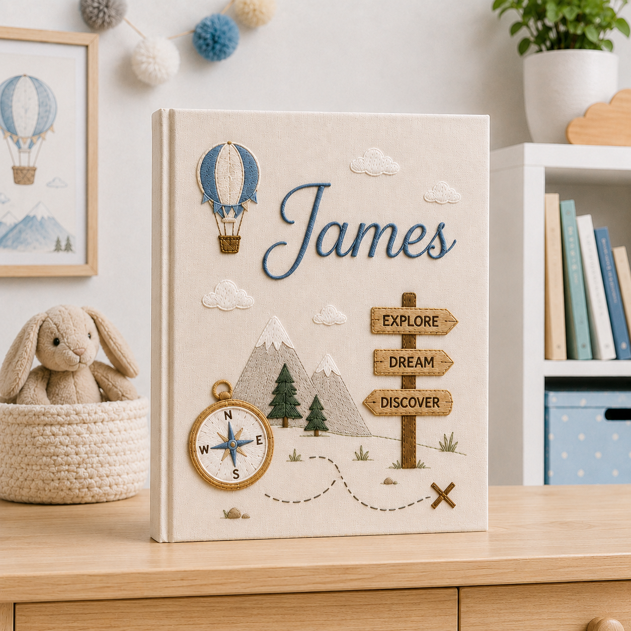 Custom Adventure Baby Photo Album, Personalized Hand Embroidered Keepsake Album with Sleeves, Travel Nursery Memory Book Gift EPLB15