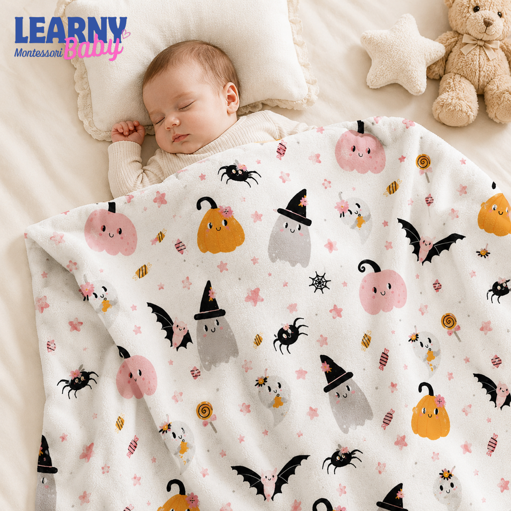 Cute Pink Halloween Bamboo Baby Blanket, Ghost Pumpkin Bat Nursery Throw, Soft Spooky Season Blanket for Kids
