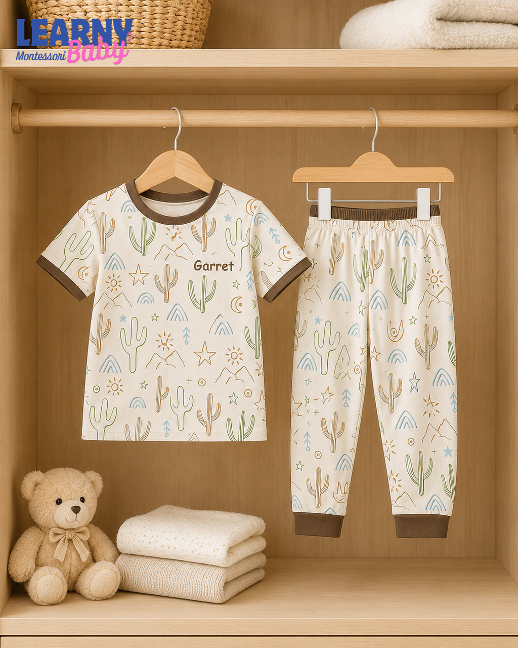 Personalized Cactus Bamboo Pajamas for Kids, Custom Name Southwestern Desert Short Sleeve and Long Pants Set