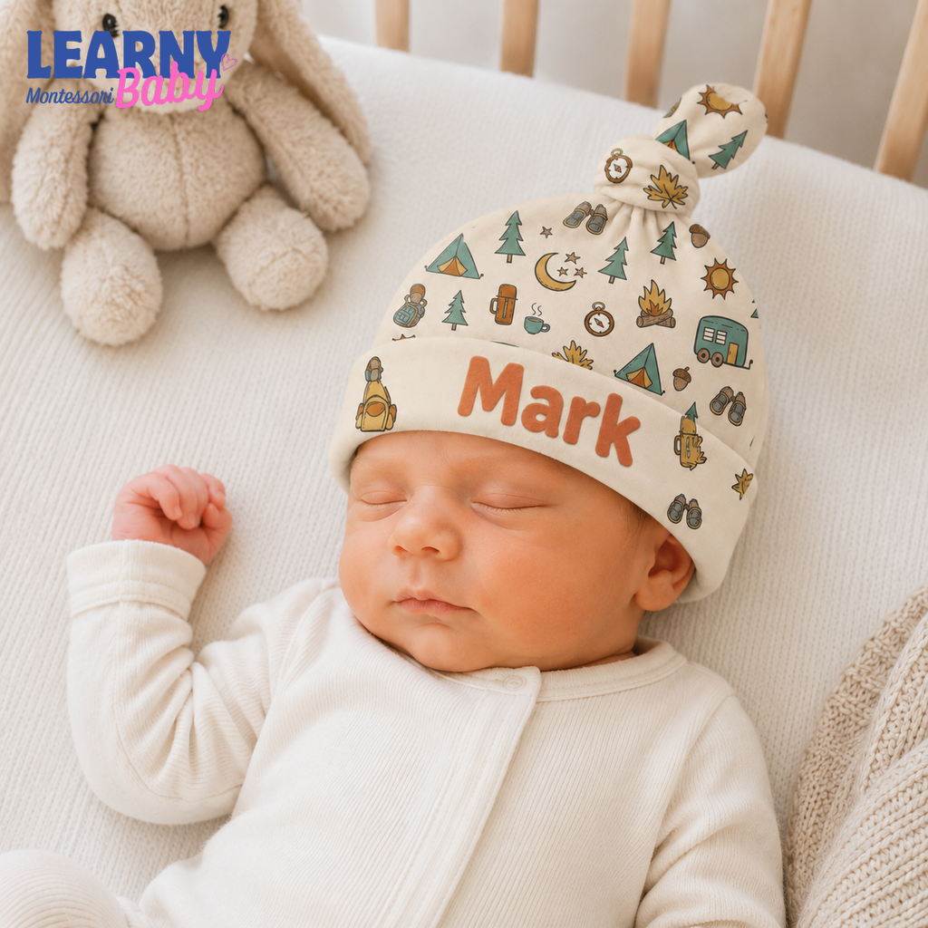 Personalized Camping Bamboo Baby Knotted Hat, Custom Name Newborn Beanie, Woodland Adventure Baby Boy Hat