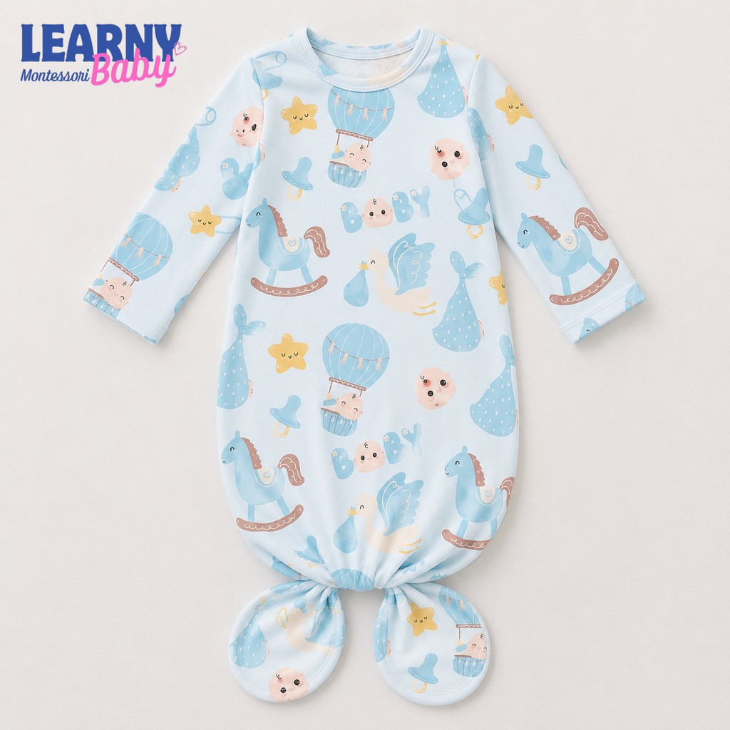 Newborn Baby Knotted Gown, Blue Nursery Toys Bamboo Sleeper, Baby Boy Coming Home Outfit