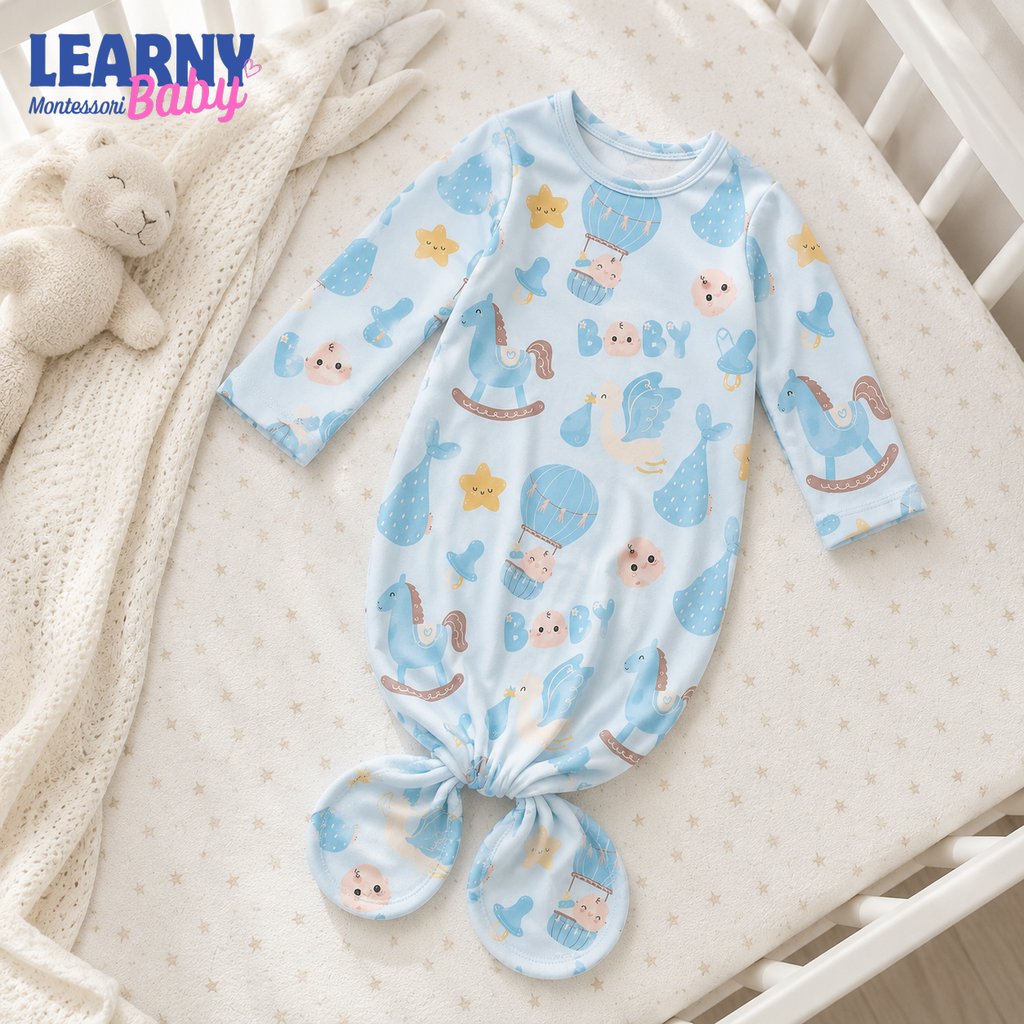 Newborn Baby Knotted Gown, Blue Nursery Toys Bamboo Sleeper, Baby Boy Coming Home Outfit