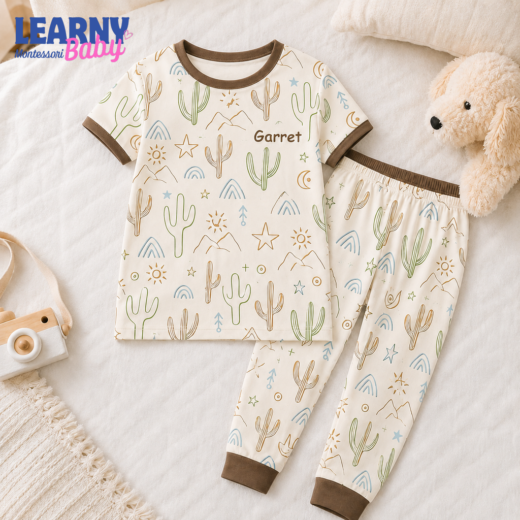 Personalized Cactus Bamboo Pajamas for Kids, Custom Name Southwestern Desert Short Sleeve and Long Pants Set