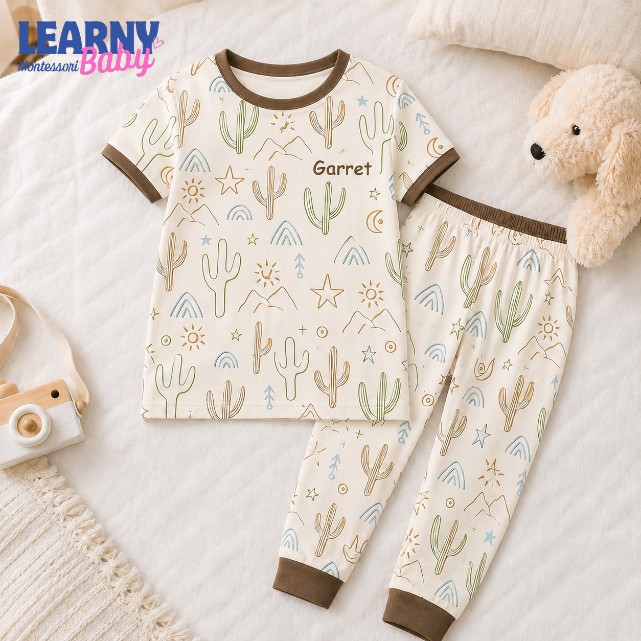 Personalized Cactus Bamboo Pajamas for Kids, Custom Name Southwestern Desert Short Sleeve and Long Pants Set