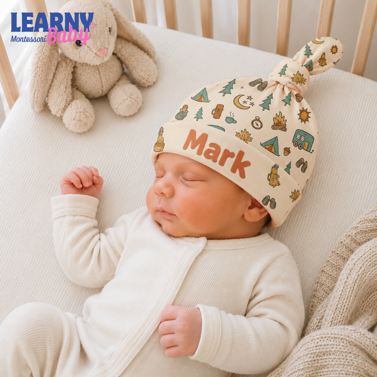 Personalized Camping Bamboo Baby Knotted Hat, Custom Name Newborn Beanie, Woodland Adventure Baby Boy Hat