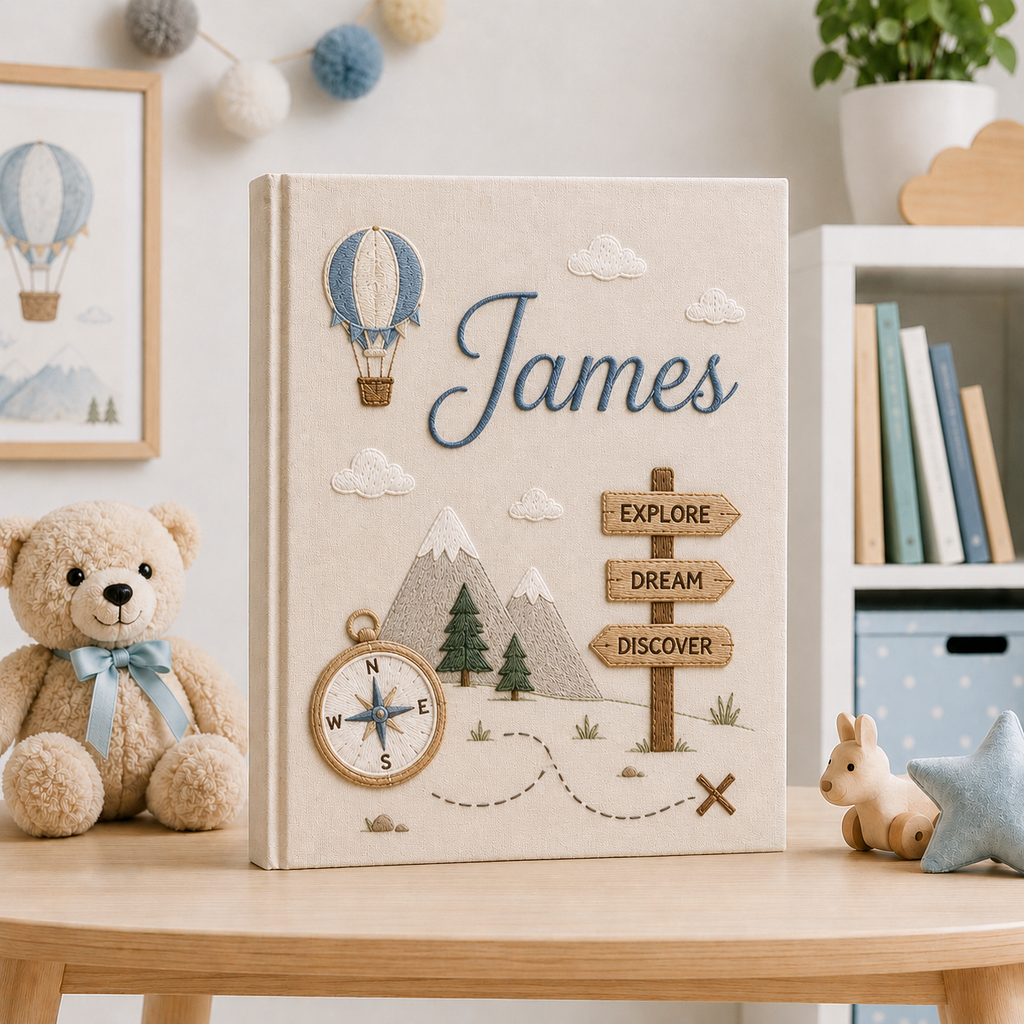 Custom Adventure Baby Photo Album, Personalized Hand Embroidered Keepsake Album with Sleeves, Travel Nursery Memory Book Gift EPLB15